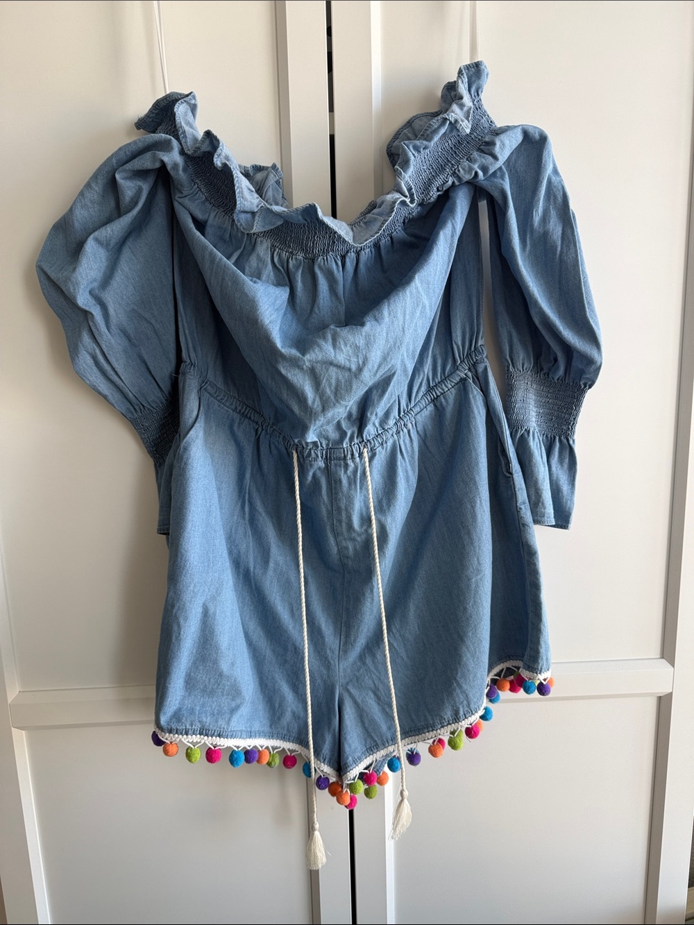 Saks Fifth Avenue Light Blue Off-Shoulder Romper with Colorful Pom Trim